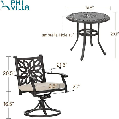 PHI VILLA 3 Pcs Cast Aluminum Patio Bistro Set, 2 Extra Wide Swivel Chairs with Cushion & 1 Round Bistro Dining Table with Umbrella Hole