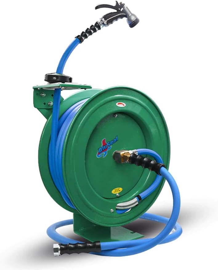 Auto Retractable Water Hose Reel with Hot & Cold Water Rubber Garden Hose, Spray Nozzle - Ultra Light, Super Strong with 6' Lead-in Hose (5/8” x 50’ Green)
