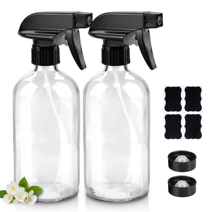 Glass Spray Bottles, 16oz Clear Glass Spray Bottles with Labels & Adjustable Nozzle, Reusable Containers for Cleaning Solutions, BBQ, Food, Plants, Alcohol, Essential Oils(2 Pack)