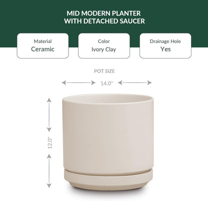 Ceramic Mid Modern Planter Pots with Detached Saucer - Indoor/Outdoor Plant Pots with Drainage Hole