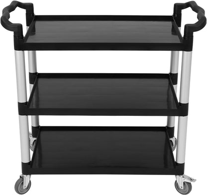 Utility Service Cart 3 Shelf, Rolling Push Cart with Brake Wheel, Plastic Heavy Duty 3-Tier Food Service Cart for Office, Warehouse, Garage, Restaurant, Cleaning, 360lbs Capacity, Black