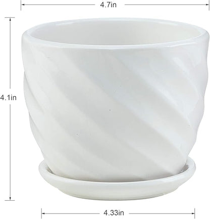 Plant Pots - 4.7 Inch Cylinder Ceramic Planters with Connected Saucer, Pots for Succuelnt and Little Snake Plants, Set of 4, White