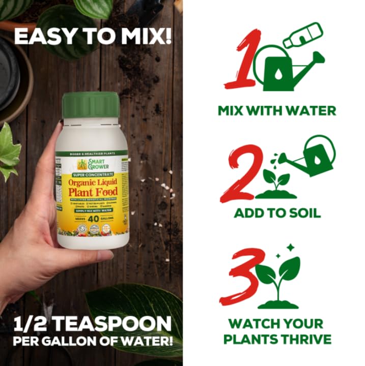 Organic Liquid Plant Food for Indoor Plants & Gardens, Natural NPK Fertilizer w/Beneficial Microbes, Rapid Results, Vegan, Best Value Super Concentrate, Smart Grower, Makes 40 Gallons (8 Fl Oz)