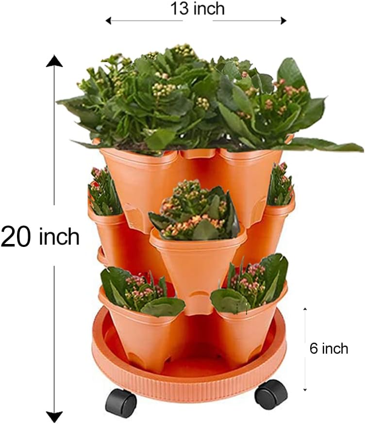 Strawberry Vertical Planters, 3 Tiered Stacking Tower Garden, Stackable Herb Vegetable Planters with Movable Casters and Bottom Saucer Indoor and Outdoor