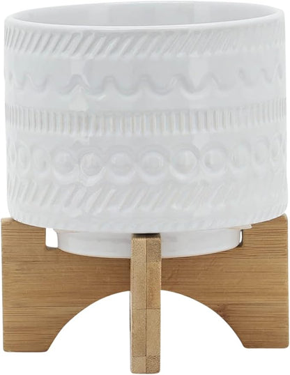 Sagebrook Home Modern Ceramic Planter with Stand - White Stoneware Pot with Bamboo Base - Indoor & Outdoor Decorative Plant Holder - 8" White
