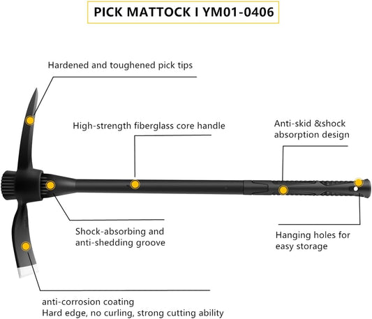 glorousamc Forged Adze Pick, Weeding Mattock Hoe Pick Mattock with Fiberglass Handle, Garden Pick, Great for Loosening Soil, Archaeological Projects (5LB-with 36" Fiberglass Handle)