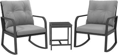 Bistro 3 Piece Patio Furniture Set, Patio Table and Rattan Outdoor Rocking Chairs Set of 2, Outdoor Bistro Conversation Set for Garden, Balcony, Poolside, Backyard, Grey