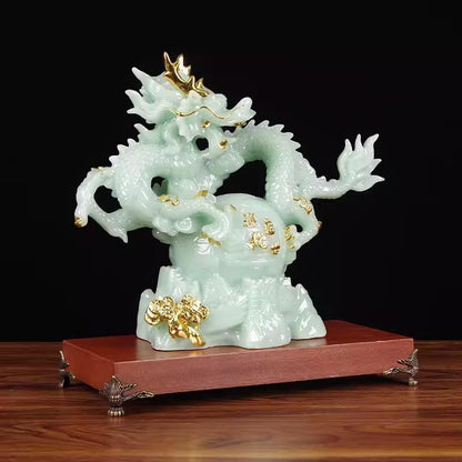 12.2 INCH Chinese Feng Shui Dragon Lucky Jade Color Figurine Statue for Luck & Success,Home Office Bookshelf Desk Decor,Green