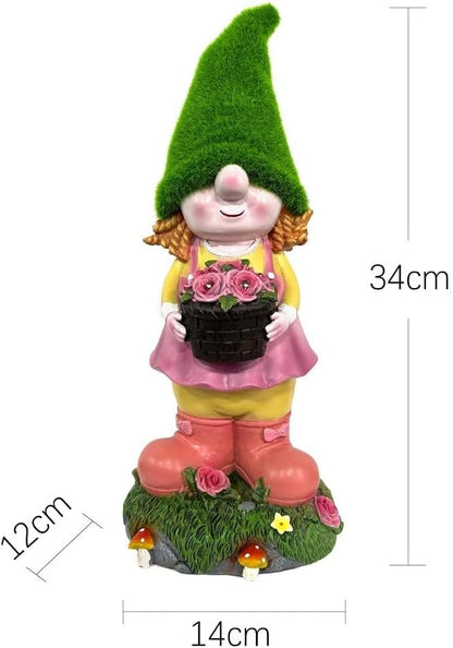 Garden Solar Resin Gnome Girl Statue with Solar Powered Night Light for Porch, Patio and Indoor Decoration