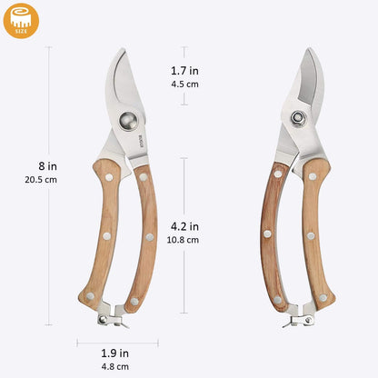 BUGUI Wood Handle Pruning Shears, SK-5 Steel Blade, 1-inch Cutting Capacity, Sharp, Well Designed Garden Shears, 8"
