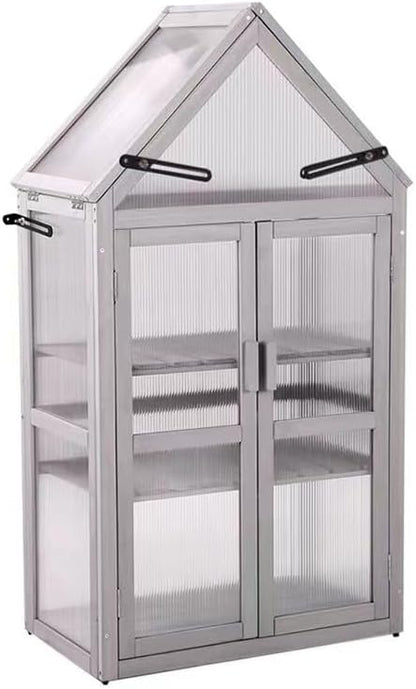 Cold Frame Greenhouse, Small Wood Greenhouses, Mini Polycarbonate Green House with Adjustable Roof, 2 Adjustable and Removable Shelves for Outdoors, Indoors Plant, Flower, Vegetable