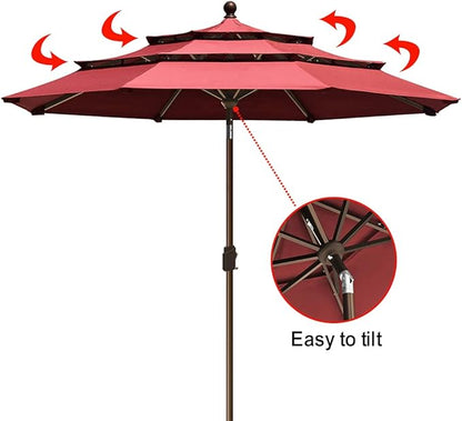 EliteShade USA 10-Year-Non-Fading 9Ft 3 Tiers Market Umbrella Patio Umbrella Outdoor Table Umbrella with Ventilation, Burgundy