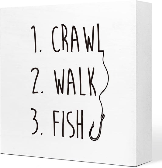 Crawl Walk Fish Rustic Wooden Sign Desk Decor,Funny Baby Fishing Wood Block Sign Desk Decorations for Home Bedroom Baby Room Desk Shelf Table Decor