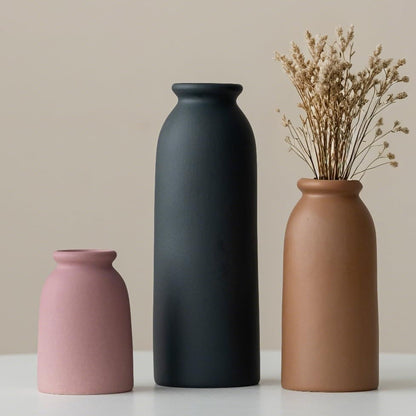 Ceramic Vase Set-3, Small Flower Vases for Decor, Modern Boho Farmhouse Style, Decorative Vases for Pampas Grass & Dried Flowers, Distressed Finish (Light Coffee)