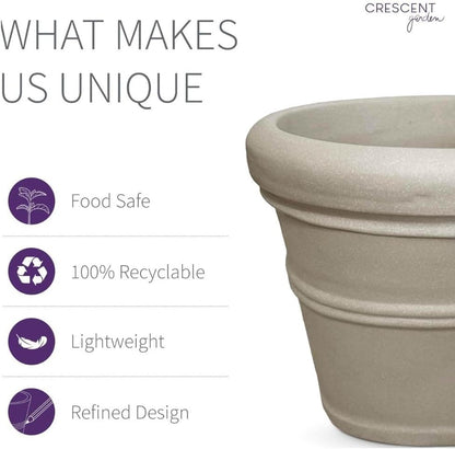 Crescent Garden Brunello Classic Rolled Rim Planter Pot, Indoor/Outdoor Weather-Safe Round Plant Pot, Small Plastic Houseplant Pot for Herbs, Succulents, Faux Plants - 12'' W (Parchment)