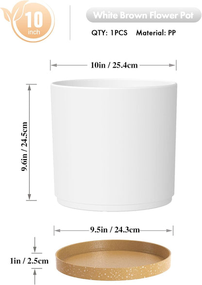 10 Inch Large Flower Pots for Indoor Outdoor Plants, Cylinder Deep Plant Pots with Drainage Holes and Saucer, Big Decorative Plastic Planter Pots for Garden House Plants, White with Brown