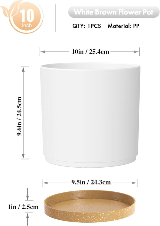 10 Inch Large Flower Pots for Indoor Outdoor Plants, Cylinder Deep Plant Pots with Drainage Holes and Saucer, Big Decorative Plastic Planter Pots for Garden House Plants, White with Brown
