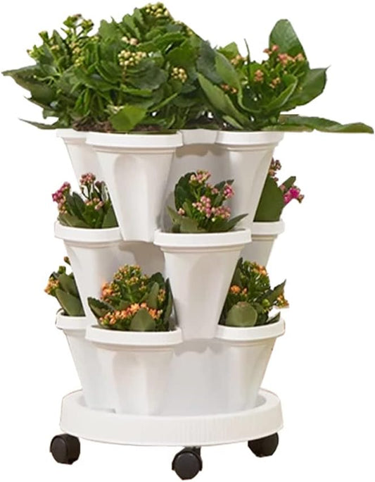 Strawberry Vertical Planters, 3 Tiered Stacking Tower Garden, Stackable Herb Vegetable Planters with Movable Casters and Bottom Saucer Indoor and Outdoor - White
