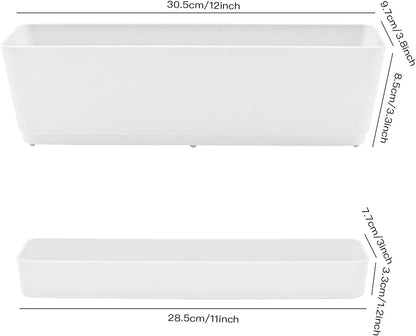 Lainrrew 3 Pack Window Box Planters, 12 Inches Rectangular Planter Plastic Flower Box Plant Pots Plant Containers with Tray for Balcony, Windowsill, Garden, Home Office Outdoor Decoration, White