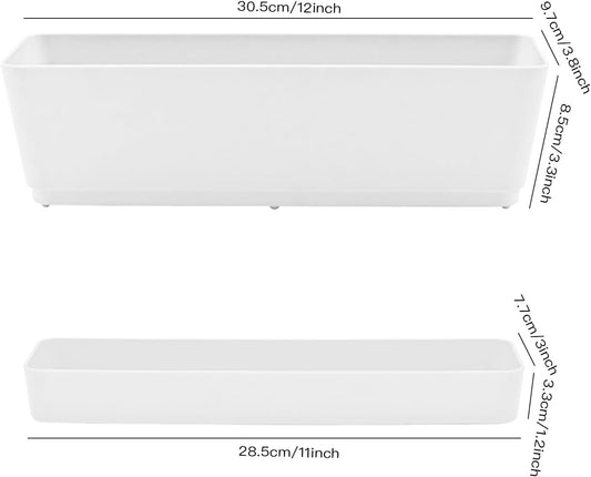 Lainrrew 3 Pack Window Box Planters, 12 Inches Rectangular Planter Plastic Flower Box Plant Pots Plant Containers with Tray for Balcony, Windowsill, Garden, Home Office Outdoor Decoration, White