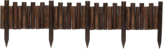 Worth Garden Wooden Staggered Short Fence - 8 in. H. x 3.7 ft. L. Burnt Wood Finish Outdoor Landscape Edging Flexible Decorative Border - Garden Yard Flower Bed Tree Fence - Stakes 4 in. Height