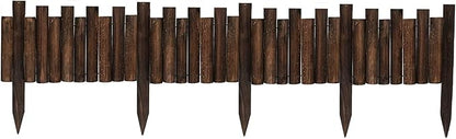 Worth Garden Wooden Staggered Short Fence - 8 in. H. x 3.7 ft. L. Burnt Wood Finish Outdoor Landscape Edging Flexible Decorative Border - Garden Yard Flower Bed Tree Fence - Stakes 4 in. Height