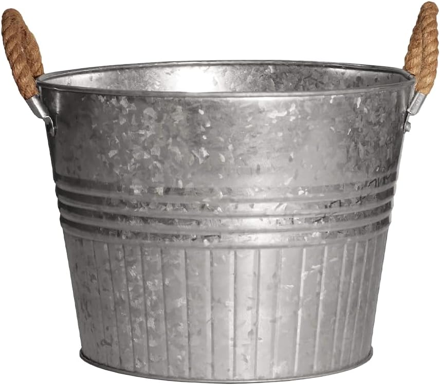 Headwind Round Galvanized Bucket w/Rope Handles – 12 Inch Metal Tub Bucket Planter for Outdoor Plants with Drainage Hole – Galvanized Large Outdoor Planters Buckets by Robert Allen