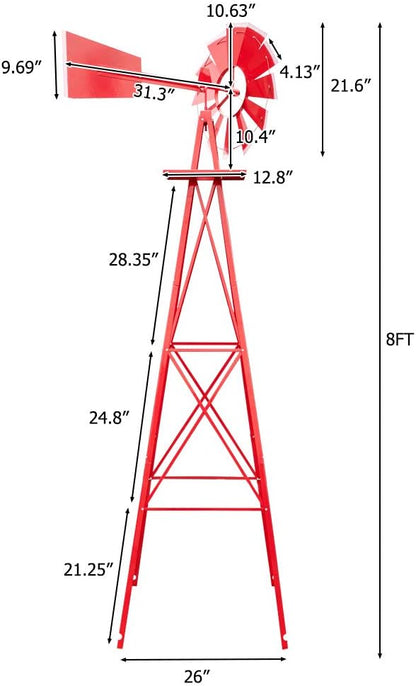 VINGLI 8FT Metal Windmill Ornamental Spinner Backyard Garden Decoration Weather Vane, Heavy Duty Wind Mill w/ 4 Legs Design, Red