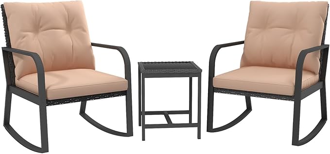 Bistro 3 Piece Patio Furniture Set, Patio Table and Rattan Outdoor Rocking Chairs Set of 2, Outdoor Bistro Conversation Set for Garden, Balcony, Poolside, Backyard, Khaki