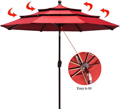 EliteShade USA 10-Year-Non-Fading 9Ft 3 Tiers Market Umbrella Patio Umbrella Outdoor Table Umbrella with Ventilation, Logo Red