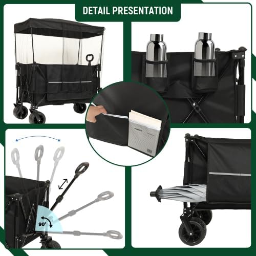 【LuckyNote】 Collapsible Foldable Extended Wagon with Canopy,480lbs Weight Capacity, Heavy Duty Folding Utility Garden Cart with Big All-Terrain Beach Wheels & Drink Holders,Side Pocket and Brakes