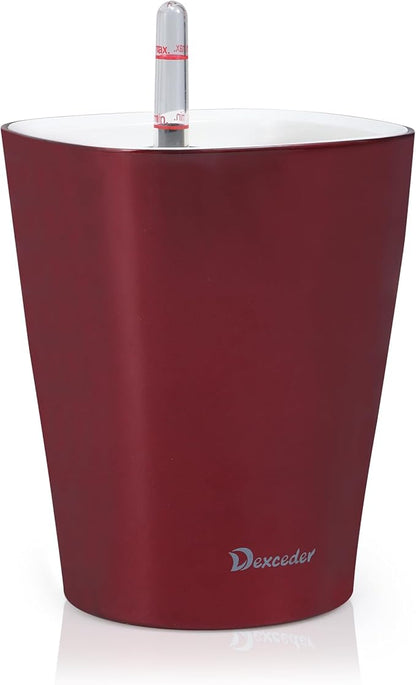 Dexceder 6x7 Self Watering Planter Indoor Outdoor, High Gloss Table Flower Plant Pot with Water Level Indicator (Wine Red)