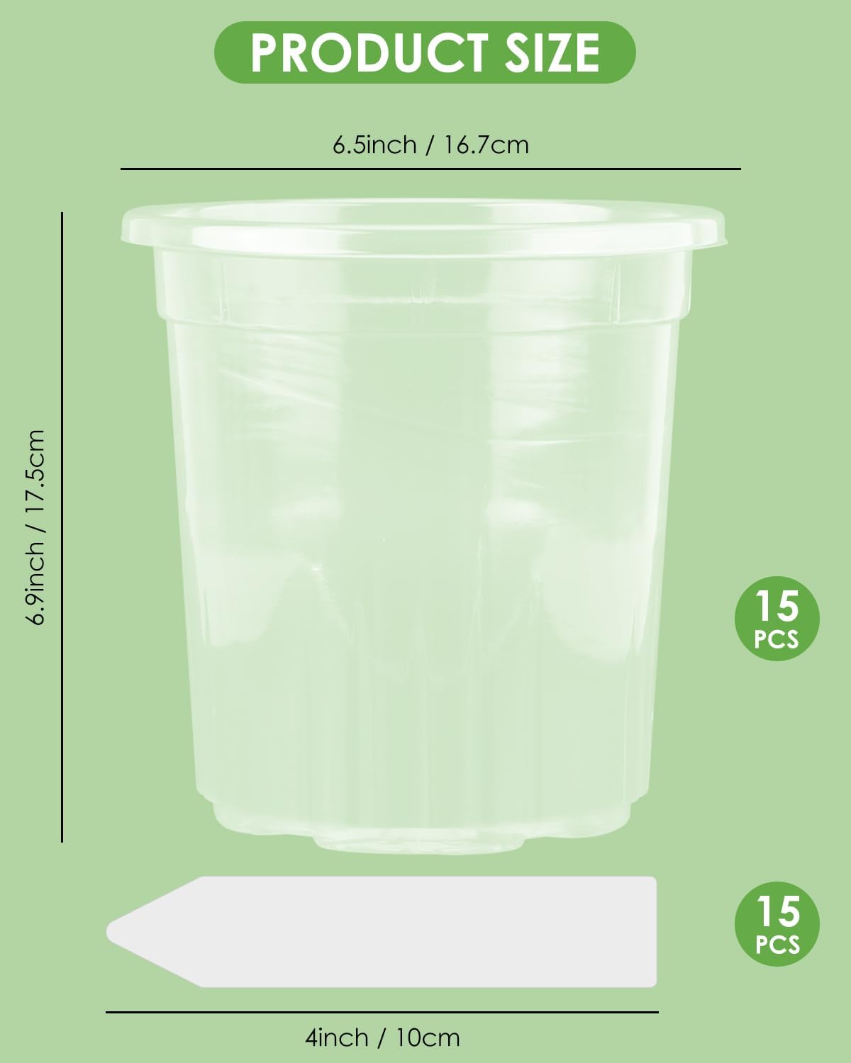 PACETAP 15Pack 6.5 Inch Reinforced Clear Nursery Pots with Drainage Holes, Thickened Plastic Plant Pots with 15 Plant Labels for Indoor Outdoor Flower Seed Starter