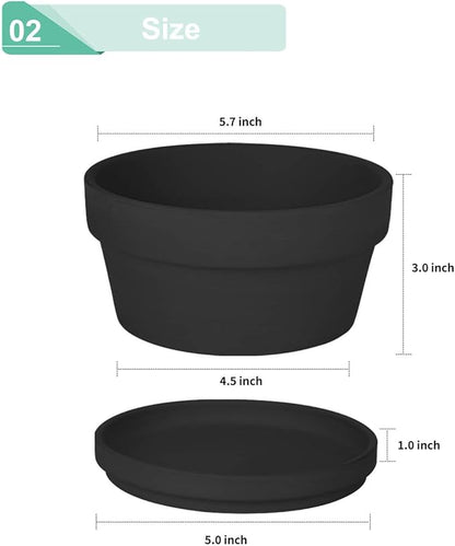 vensovo 5.7 Inch Black Terracotta Shallow Succulent Pots - 6 Pack Terra Cotta Clay Pot with Saucer, Cacuts Indoor and Outdoor Planters with Drainage Hole
