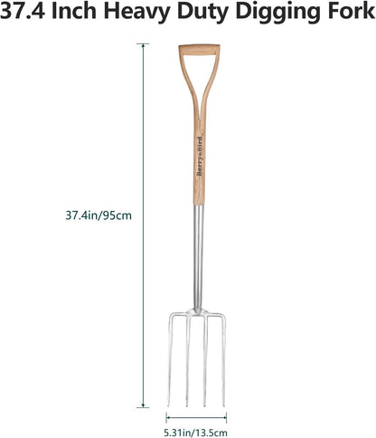 Berry&Bird Garden Digging Fork, 37.4" Stainless Steel Garden Spading Fork with D-Grip Handle, 4-Tine Heavy Duty Long Handled Pitchfork with Ash Wood Handle for Digging, Planting, Cultivating, Aerating