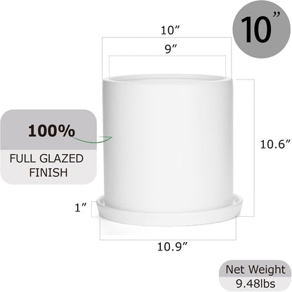 Plant Pots 10 Inch Ceramic Planter with Drainage Hole and Saucer, Matte White Modern Cylinder Planter Pot for Indoor Outdoor Plants Flowers, Full Glazed Finish
