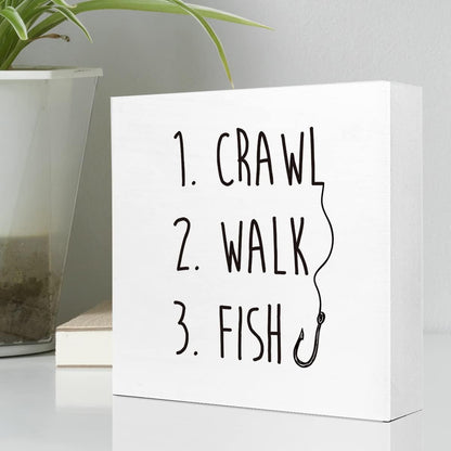 Crawl Walk Fish Rustic Wooden Sign Desk Decor,Funny Baby Fishing Wood Block Sign Desk Decorations for Home Bedroom Baby Room Desk Shelf Table Decor