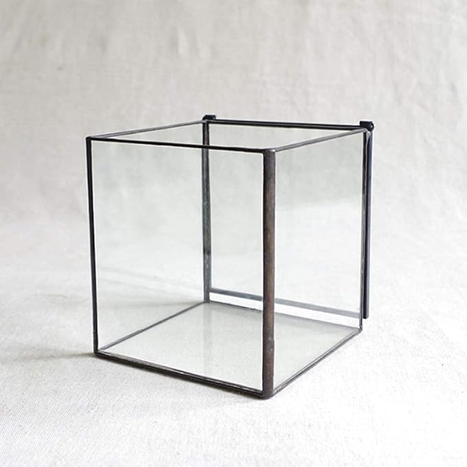 Small Square Glass Terrarium with Lid,Geometric Clear Box for Indoor Plants,Black Little Handmade Planter Pot for Succulents,Moss and Air Plant Fern,Home Garden Decor,4.3 x 4.3 x 4.7inch