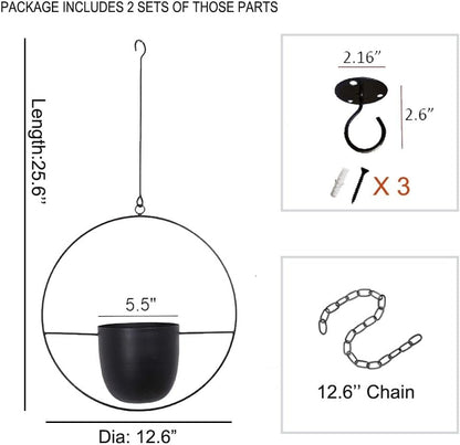 2 Pcs Hanging Planters for Indoor and Outdoor Plants with Hooks and Chains, Metal Modern Wall Ceiling Planter Hangers Minimalist Flower Pot Holder Basket for Home Decor(Black)