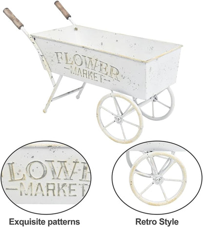 15 Inch Farmhouse Small Flower Cart with Wooden Handles Metal Wagon Planters for Outdoor Plants Decorative Wheelbarrow Plant Cart for Patio Garden Balcony Golden