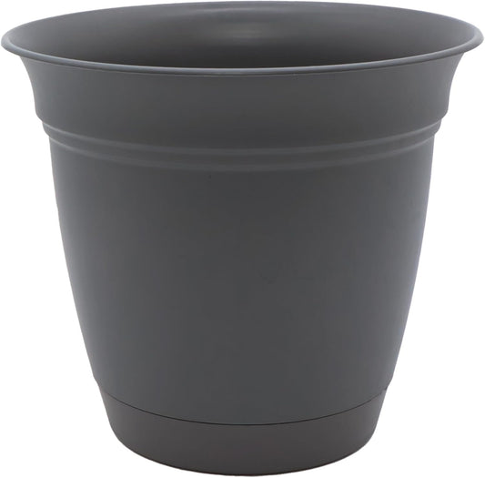 The HC Companies Eclipse Round Planter with Saucer - Outdoor & Indoor Plant Pot with Drainage Holes - Lightweight, UV-Resistant Plastic Pots for Plants, Flowers & Herbs (8" Warm Gray, Pack of 1)