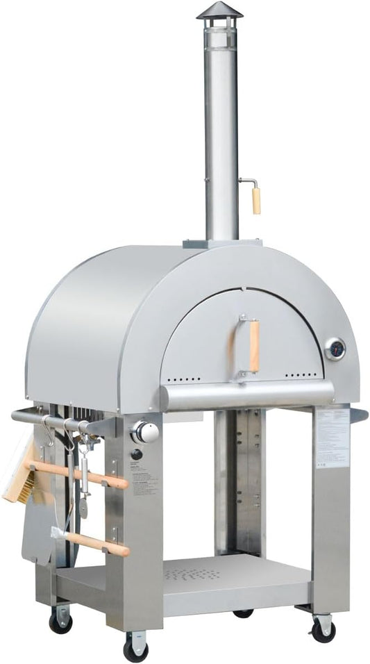 32.5 inch Propane Gas and Wood Fired Pizza Oven, Large Stainless Steel Pizza Oven for Outdoor, Backyard and Party (Silver)