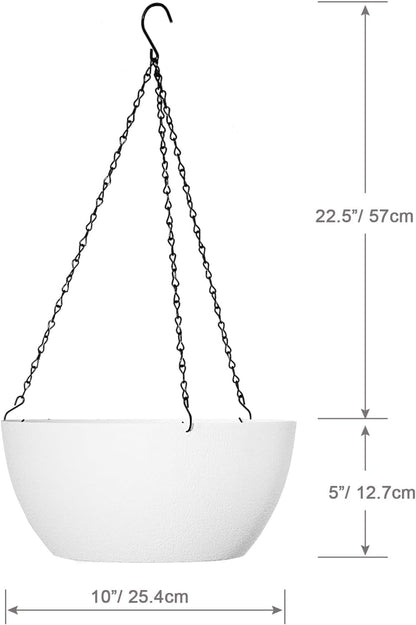 10 inch Hanging Planters for Outdoor Indoor Plants with Drainage Holes and Chain, 2 Pack Round Hanging Flower Plant Pots for Garden Home Porch Decor, White
