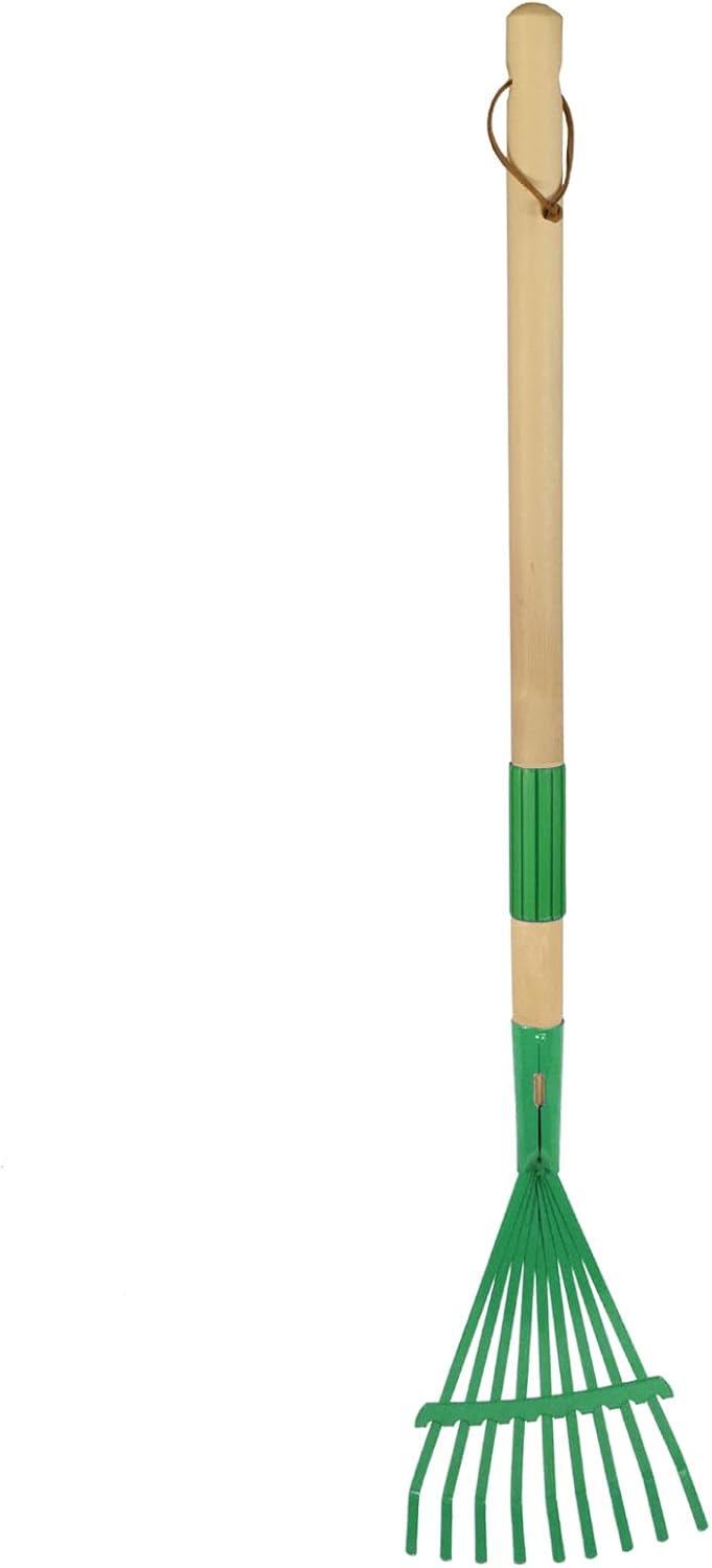 Kids Leaf Rake-Small Wooden Handle Leaf Rake with Metal Tines, 27inches /69cm Length, for Kids Enjoy Garden Cleaning Activities (Green)
