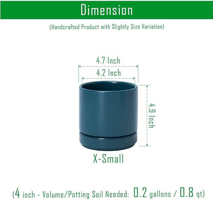 D'vine Dev Set of 2 Plants Pots, 4.7 Inch Ceramic Planter Pot for Plants with Drainage Hole and Saucer, Teal, 94-V-B-9