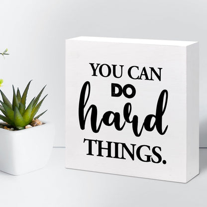 z-crange You Can Do Hard Things Wood Block Sign Desk Decor,Rustic Inspirational Wooden Box Plaque Sign Desk Decor for Home Office Shelf Table Decor Decorations