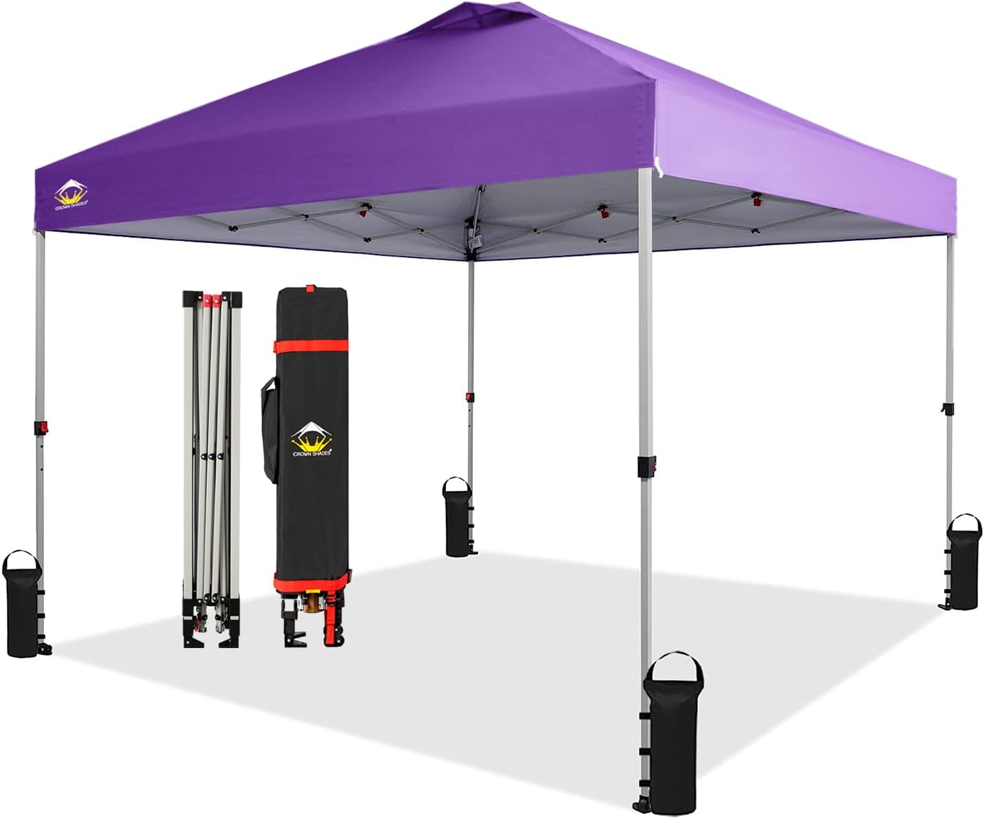 CROWN SHADES 10x10 Pop Up Canopy - Beach Tent with One Push Setup - Easy Outdoor Sun Shade for Events, Parties, Camping - Gazebo with STO-N-Go Cover Bag, Silver Coated Top, Purple