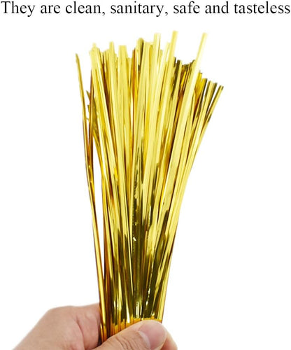 HAHIYO 300Pcs 8inches Gold Metal Twist Ties Bread Candy Coffee Bag Ties Plant Garden Twist Ties for Cellophane Treat Bags Gift Wraping Bags Plastic Bags Halloween Party Cake Present Art Crafts