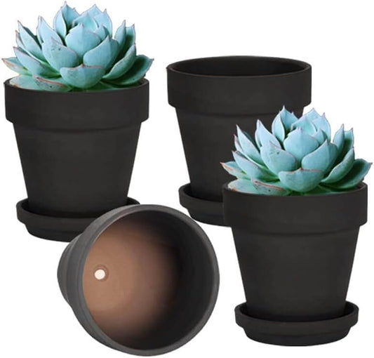 vensovo 6 Inch Black Terracotta & Clay Pots for Plant with Saucer - 4 Pack Medium Terra Cotta Planter with Drainage Hole, Flowerpot for Indoor Outdoor Plants, Crafts, Wedding Favor