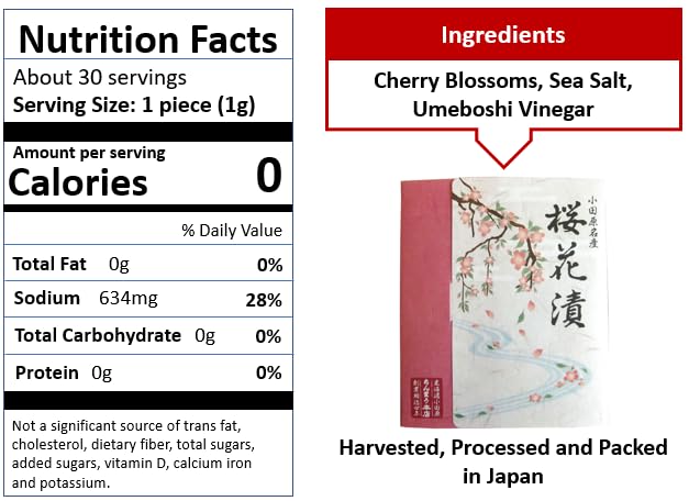 Salt Pickled Edible Sakura Cherry Blossoms from traditional Japanese maker CHINRIU, 1.06oz (≈ 30 flowers), Edible Flowers ideal for Pastry, Garnishing and Food Decoration